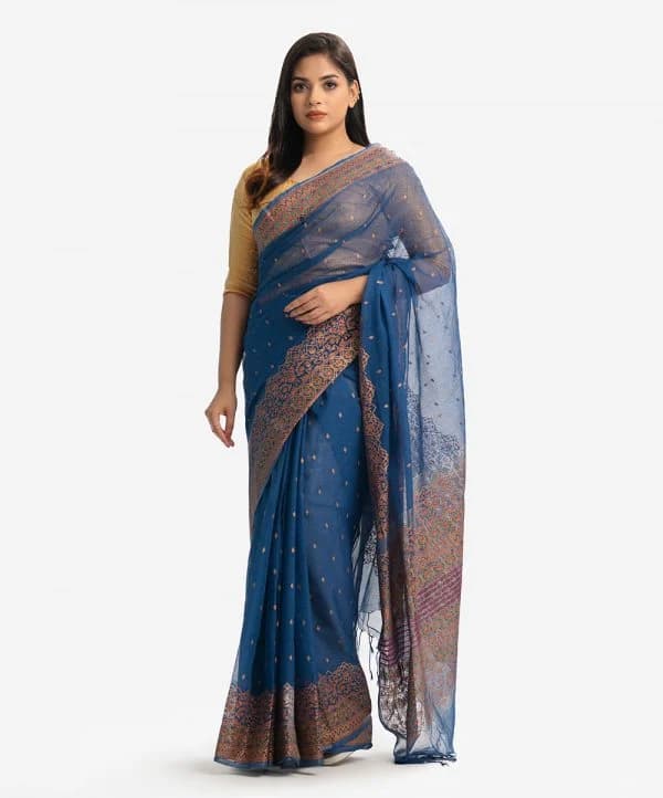 Blue Cotton Printed Saree